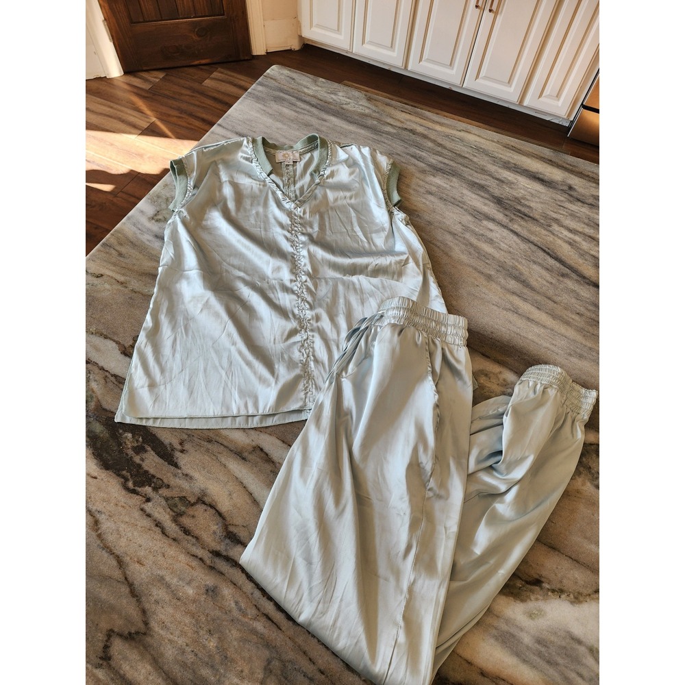 Womens Luxury Silk Blend Lounge Pajama Set Mint Green Joggers Medium